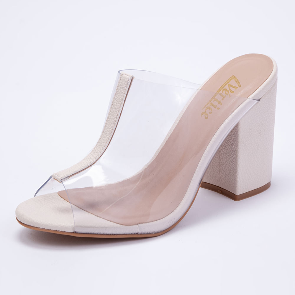 Mule Feminino Salto Grosso Com Transparência - Off White