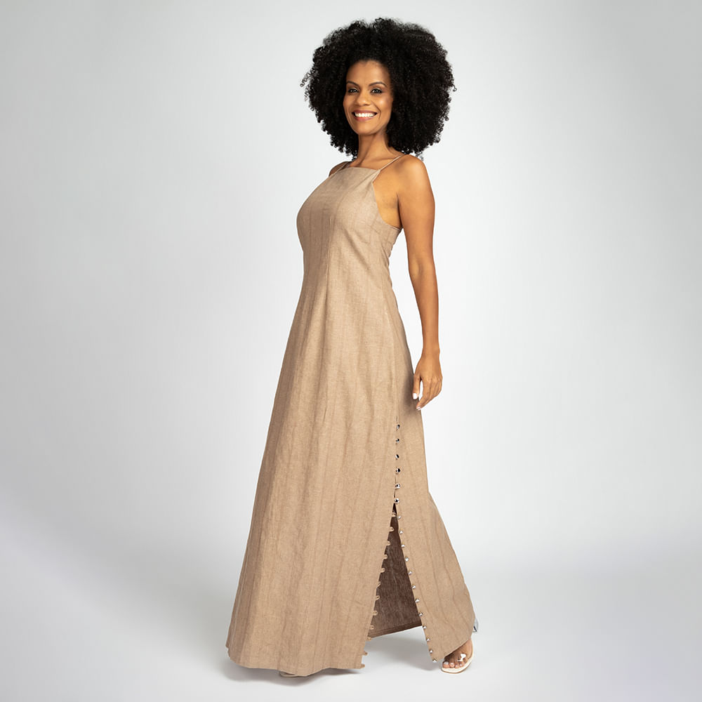 Vestido Longo Midi com Fenda -Nude
