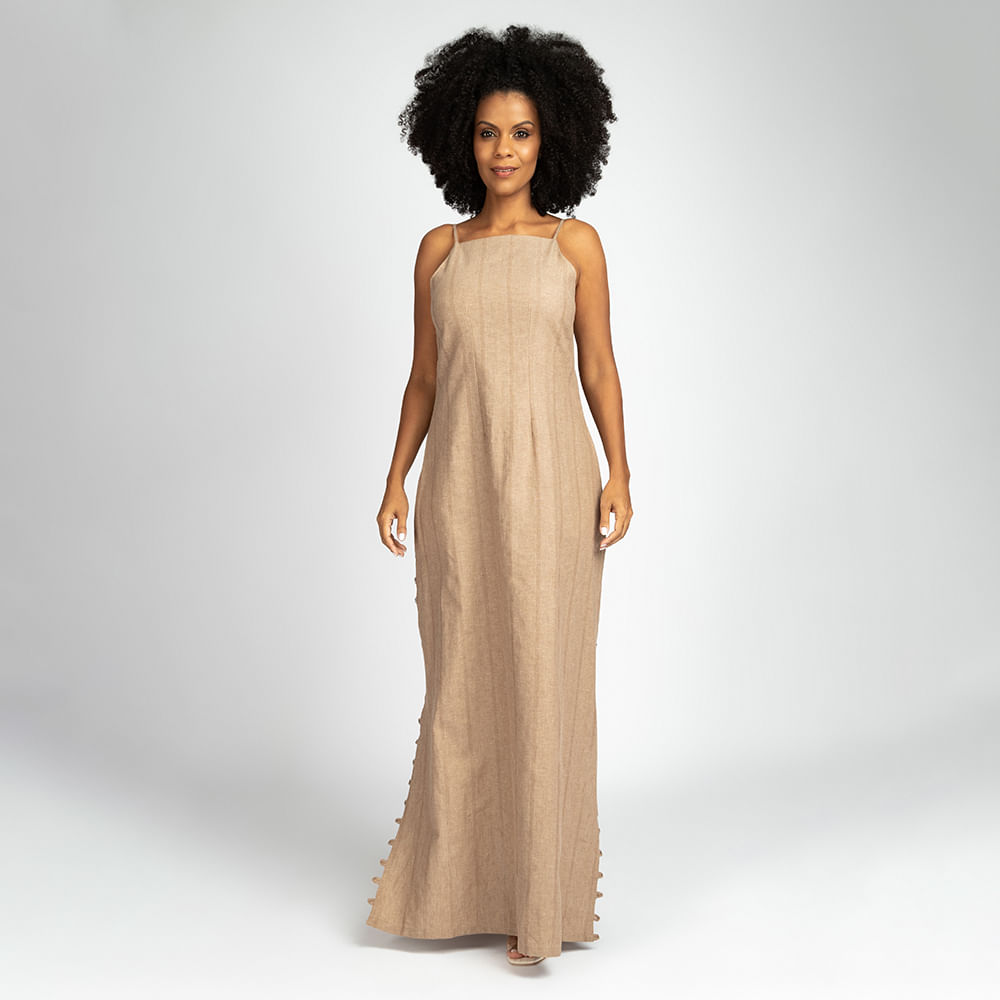 Vestido Longo Midi com Fenda -Nude
