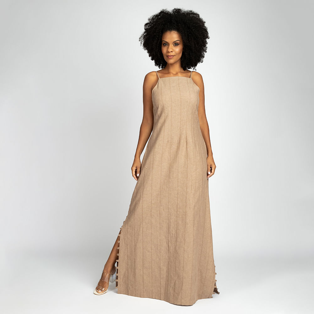 Vestido Longo Midi com Fenda -Nude