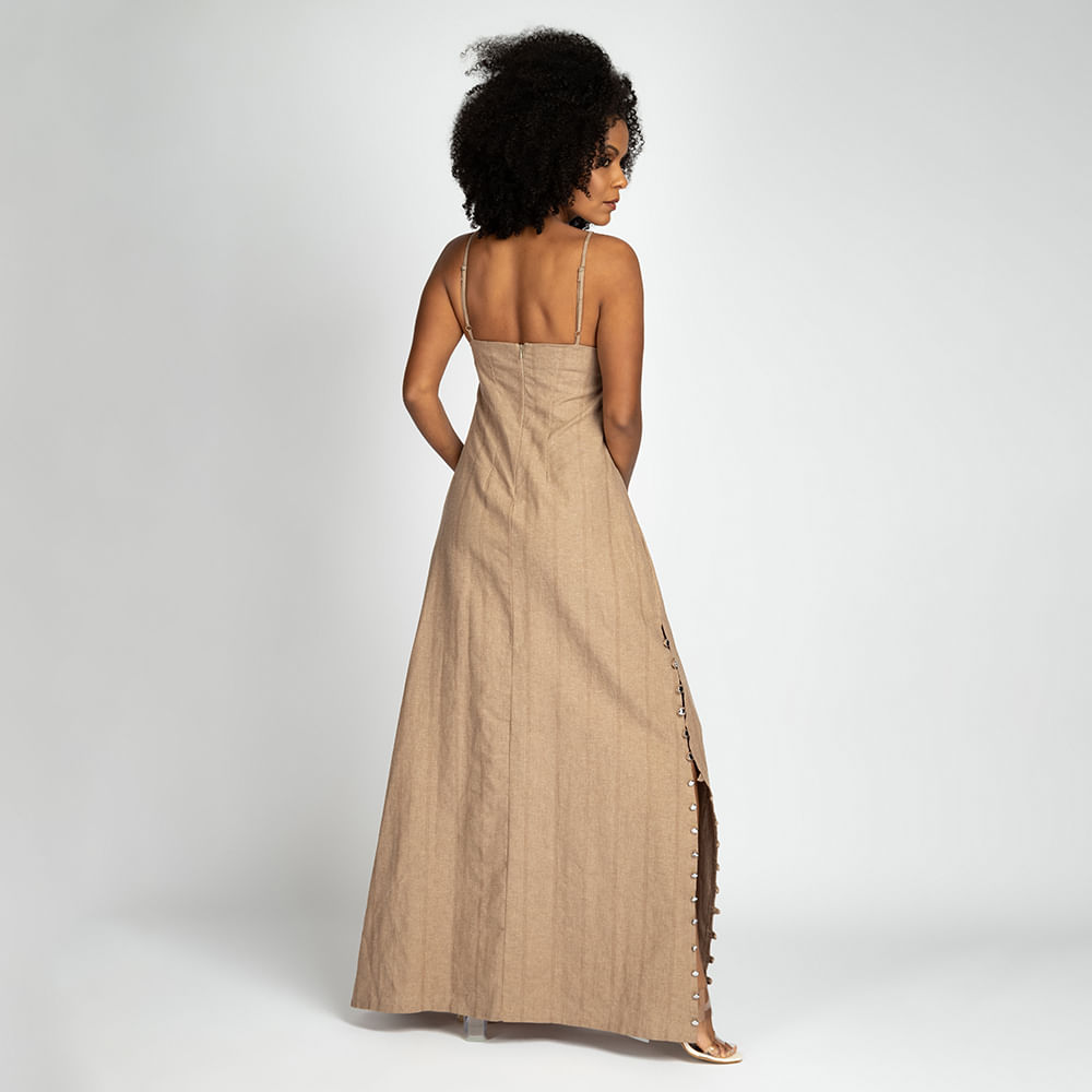 Vestido Longo Midi com Fenda -Nude