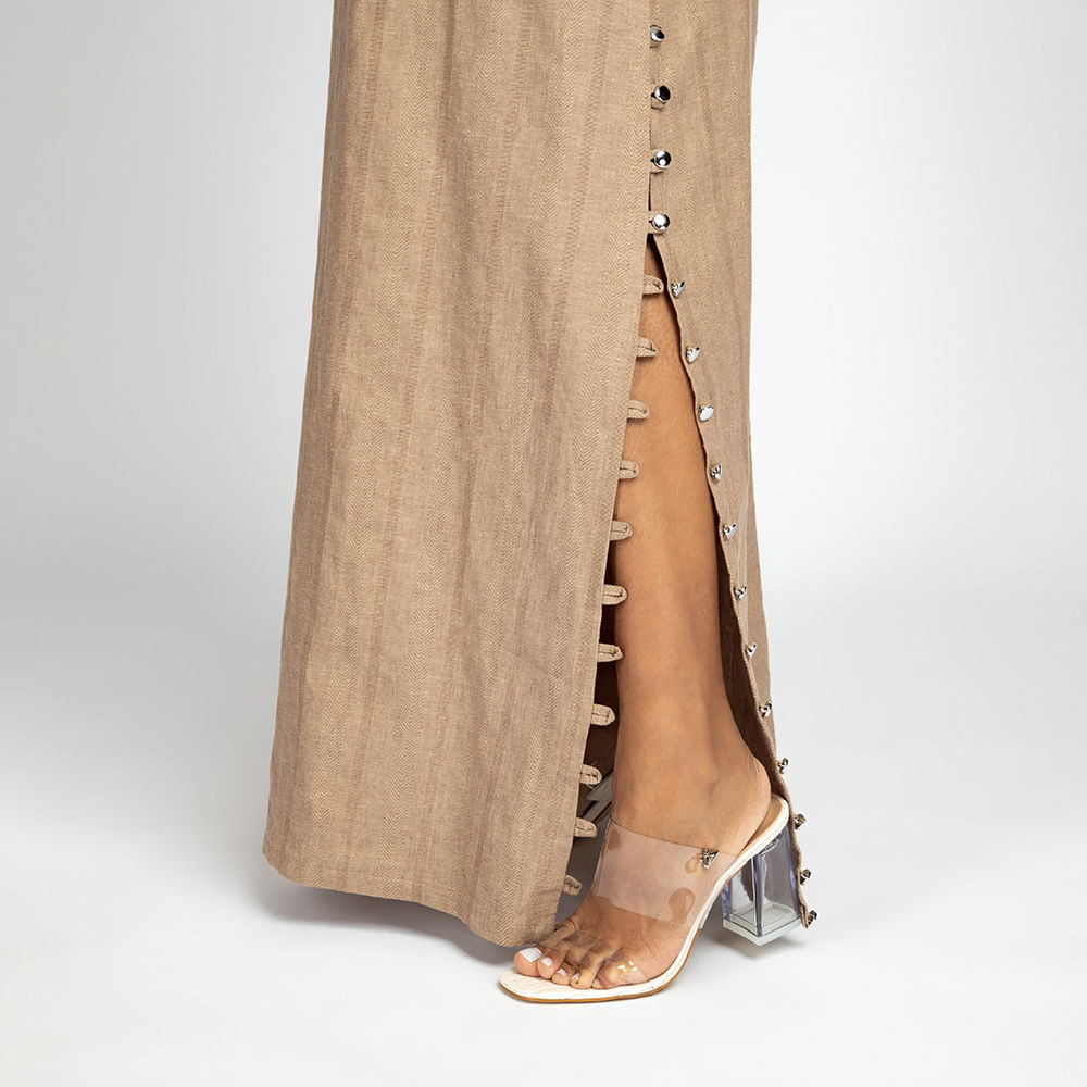 Vestido Longo Midi com Fenda -Nude