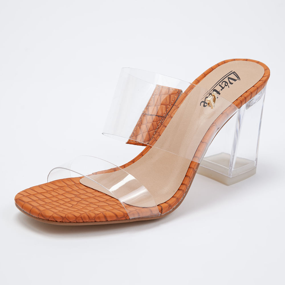 Tamanco Feminino Salto Quadrado - Transparente Laranja