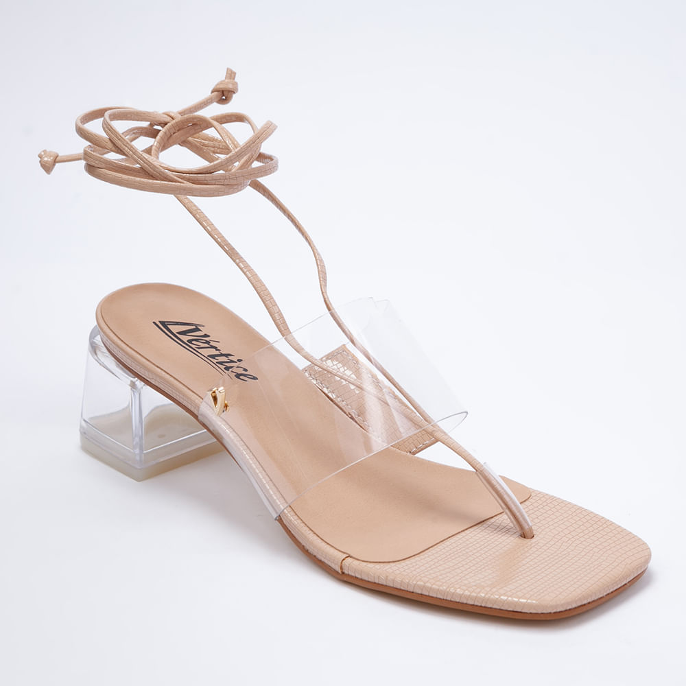 Sandália Feminina Amarração Salto Cristal - Transparente Bege