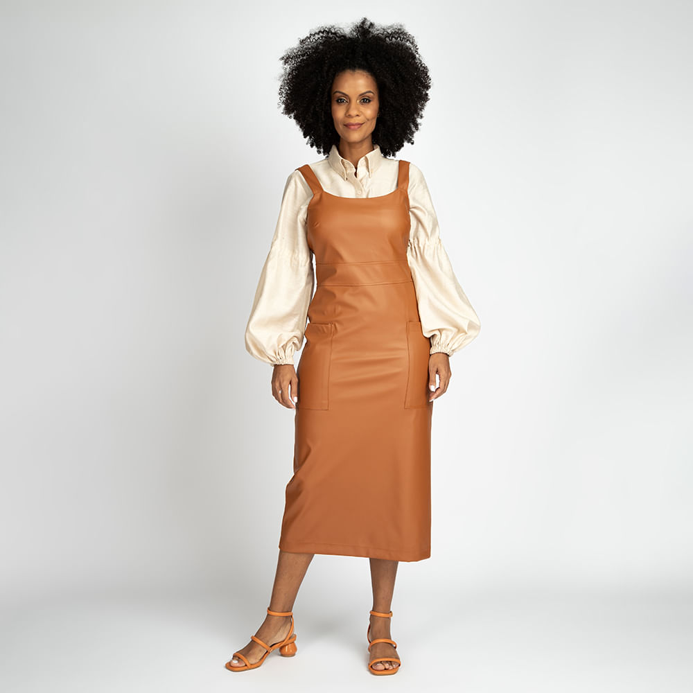 Vestido de Couro Midi Alça - Nude