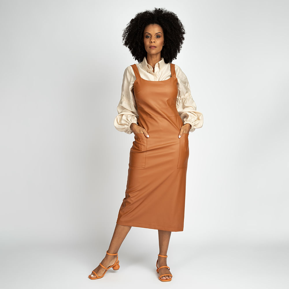 Vestido de Couro Midi Alça - Nude