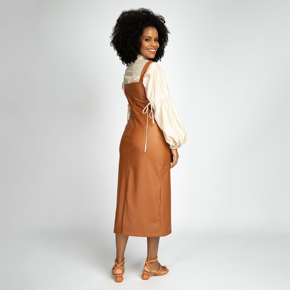 Vestido de Couro Midi Alça - Nude