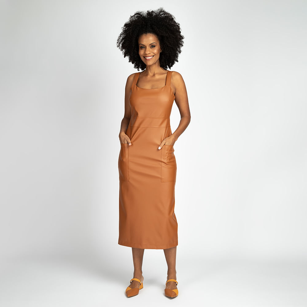 Vestido de Couro Midi Alça - Nude