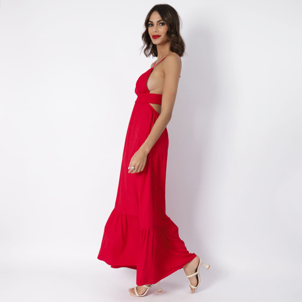 Vestido Longuete Alça Fina   Vermelho