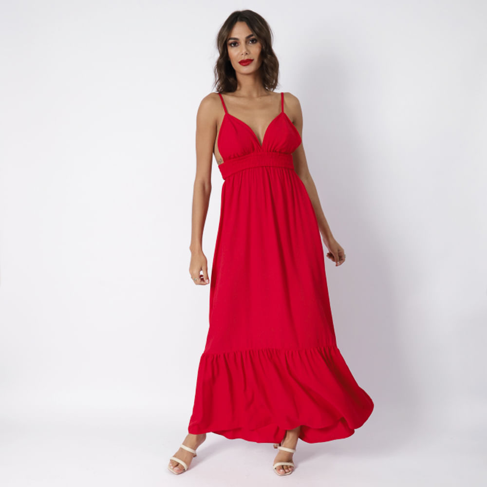 Vestido Longuete Alça Fina   Vermelho