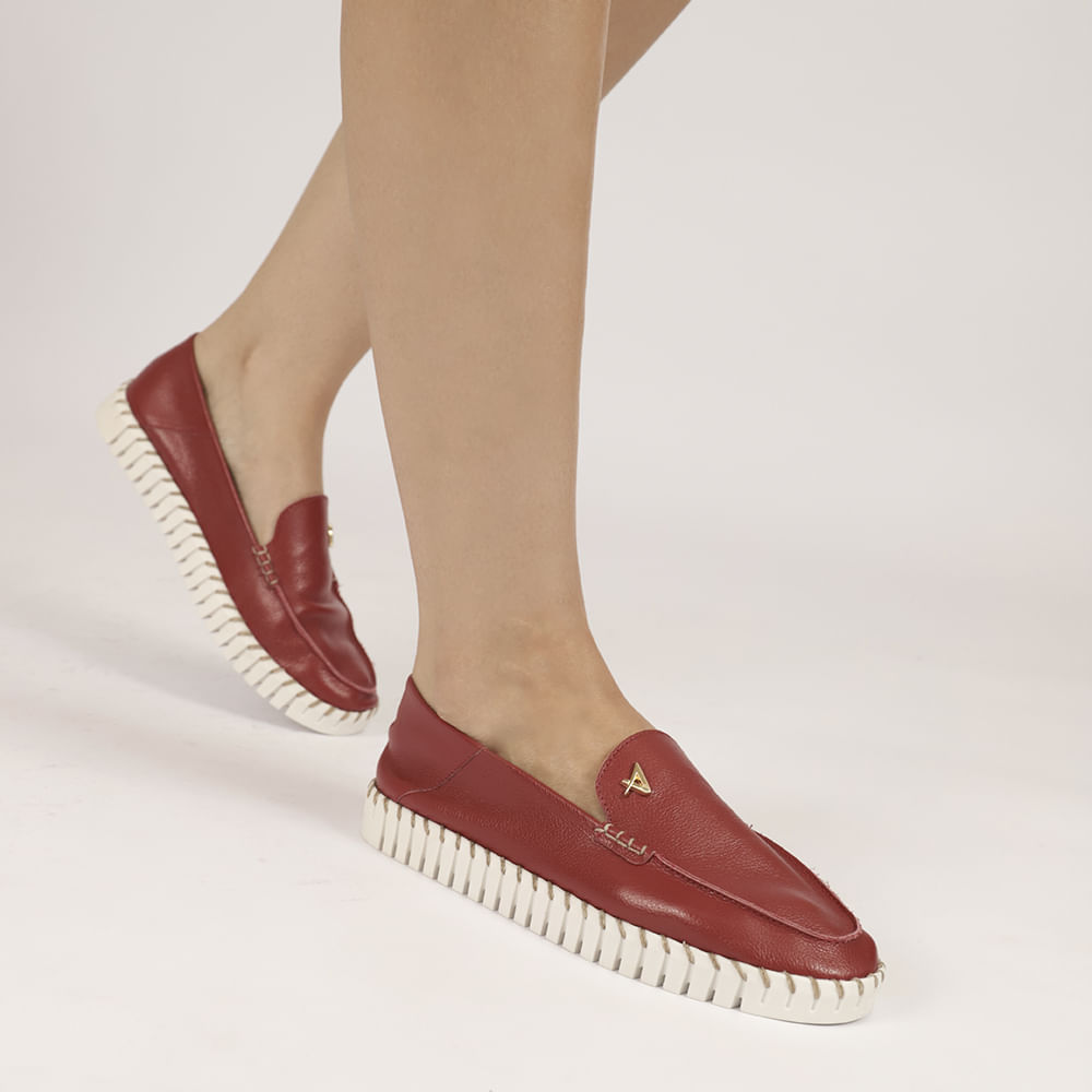 Sapato Mocassim Maleável Feminino Couro Vermelho