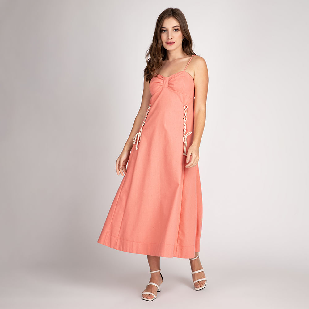 Vestido Alça Fina Linho Longuete Coral