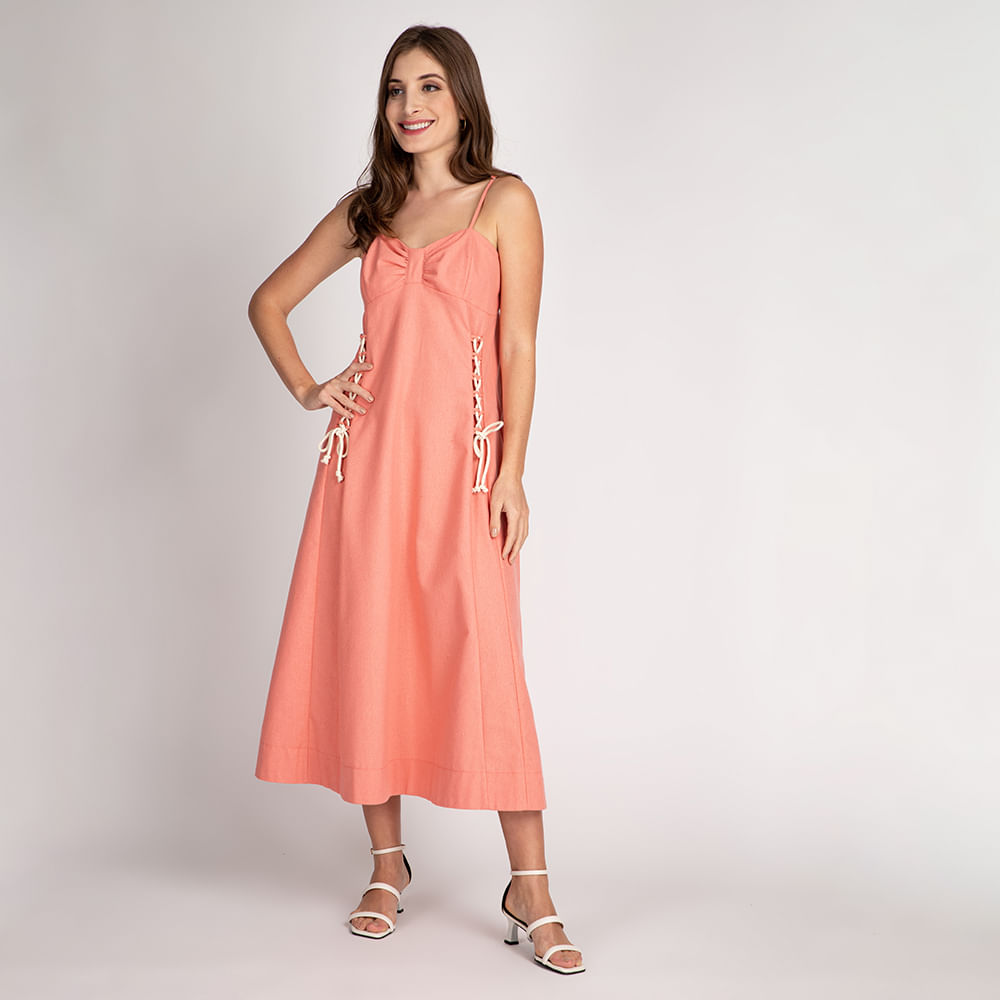 Vestido Alça Fina Linho Longuete Coral
