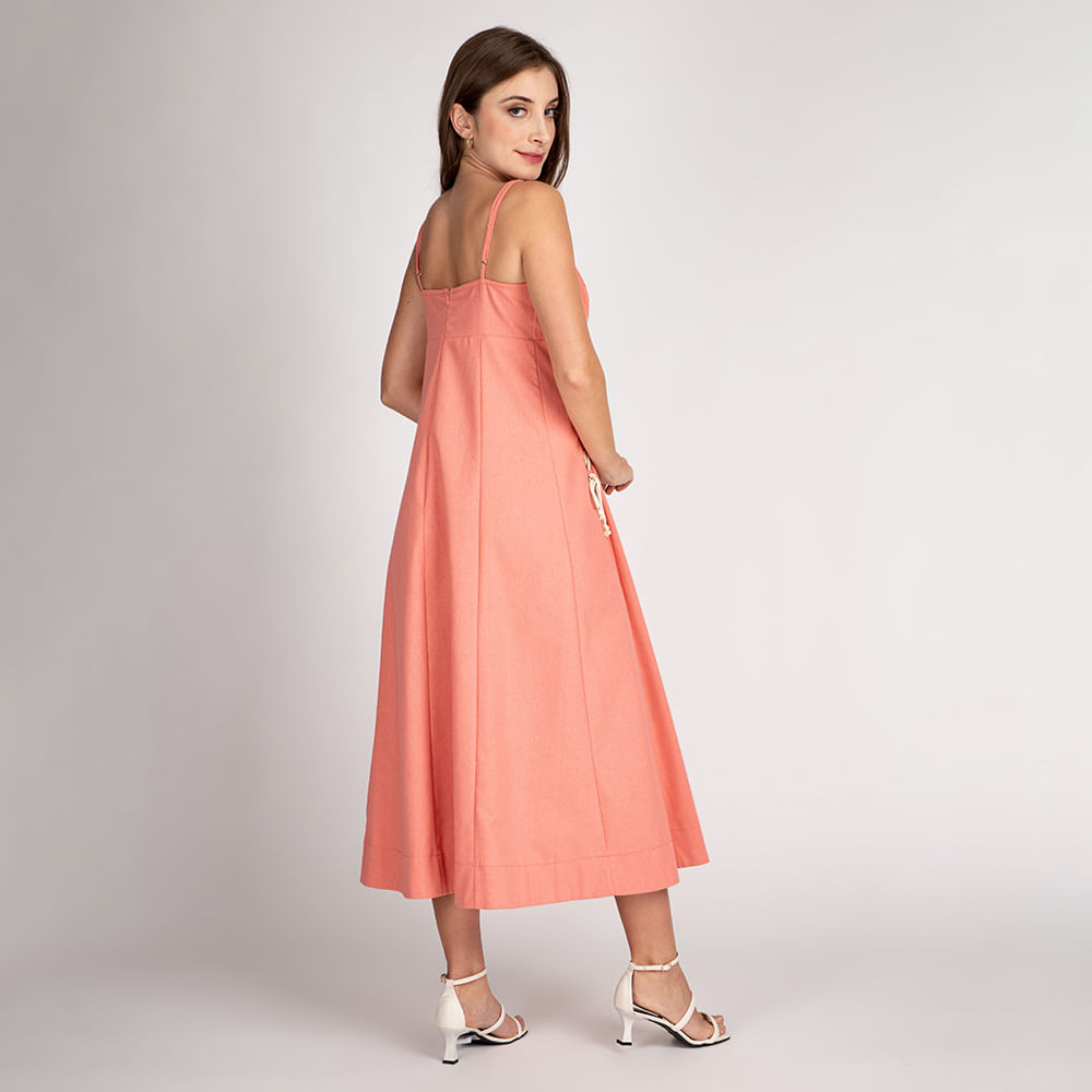 Vestido Alça Fina Linho Longuete Coral