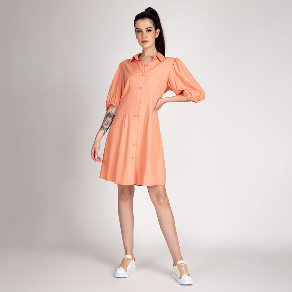 Vestido Feminino Manga Bufante de Linho Coral Claro