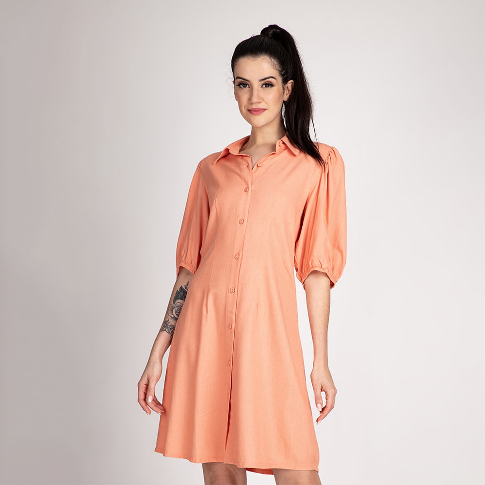 Vestido Feminino Manga Bufante de Linho Coral Claro