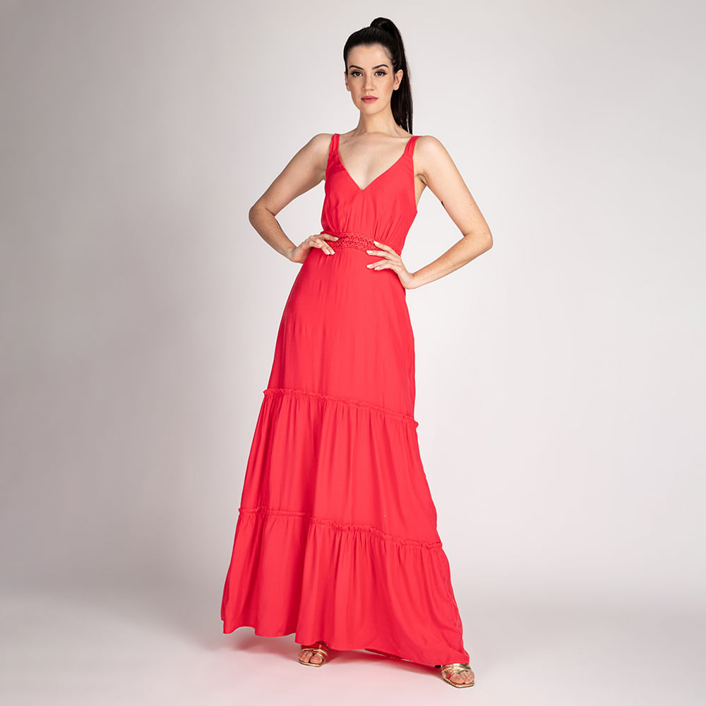 Vestido Longo Alcinha Evase   Coral