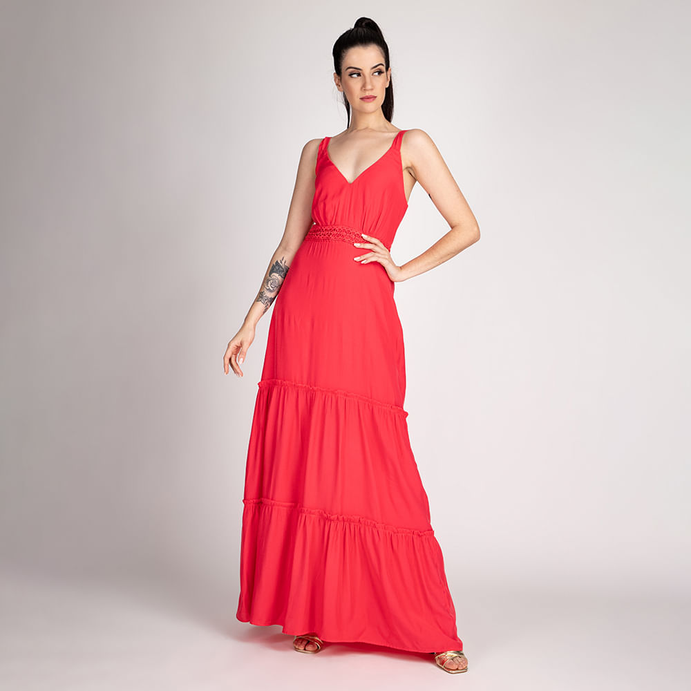 Vestido Longo Alcinha Evase   Coral