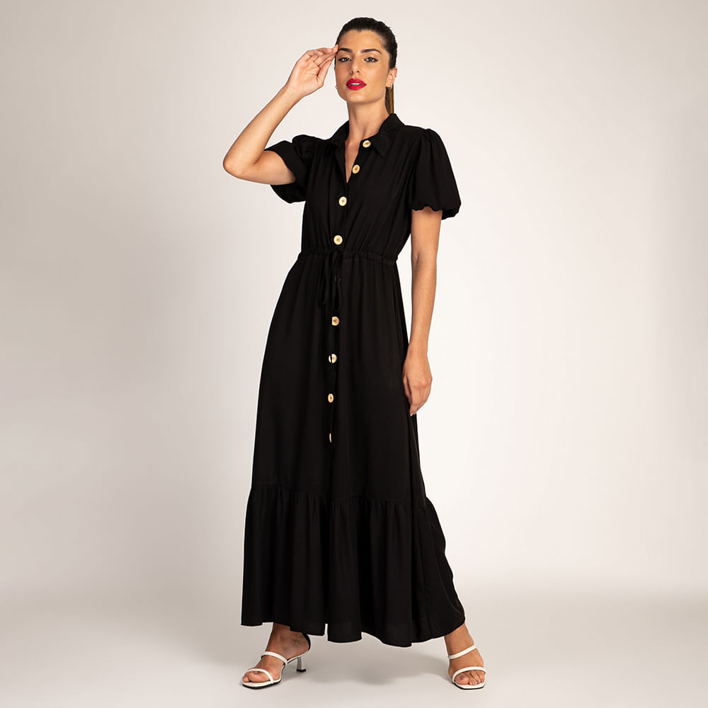 Vestido Longo Manga Bufante Preto