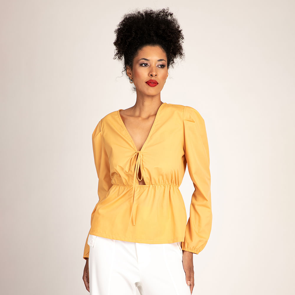 Blusa Feminina Manga Longa Com Amarração No Busto- Amarelo