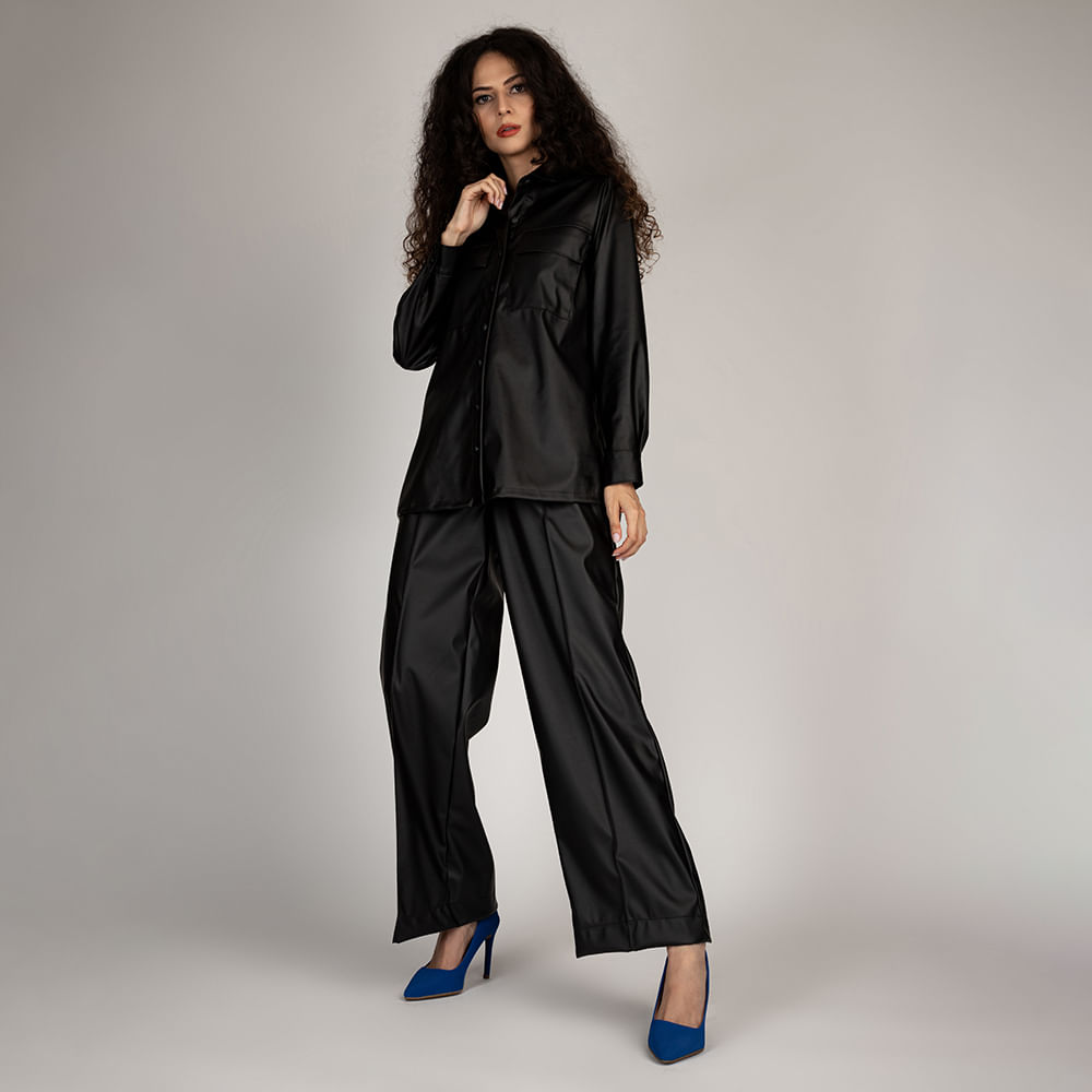 Calça Pantalona Cós Alto Cintura Elástico  Preto