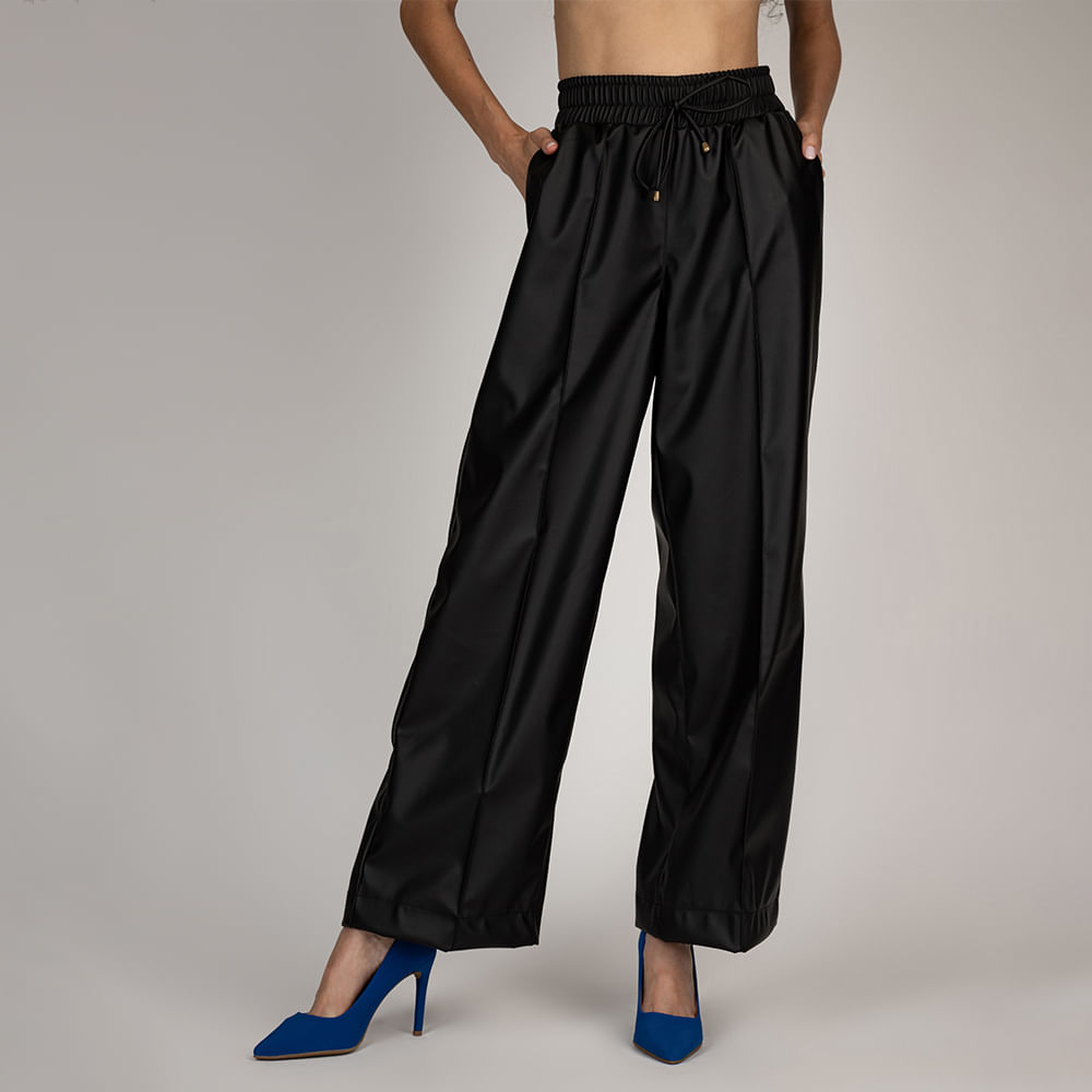 Calça Pantalona Cós Alto Cintura Elástico  Preto