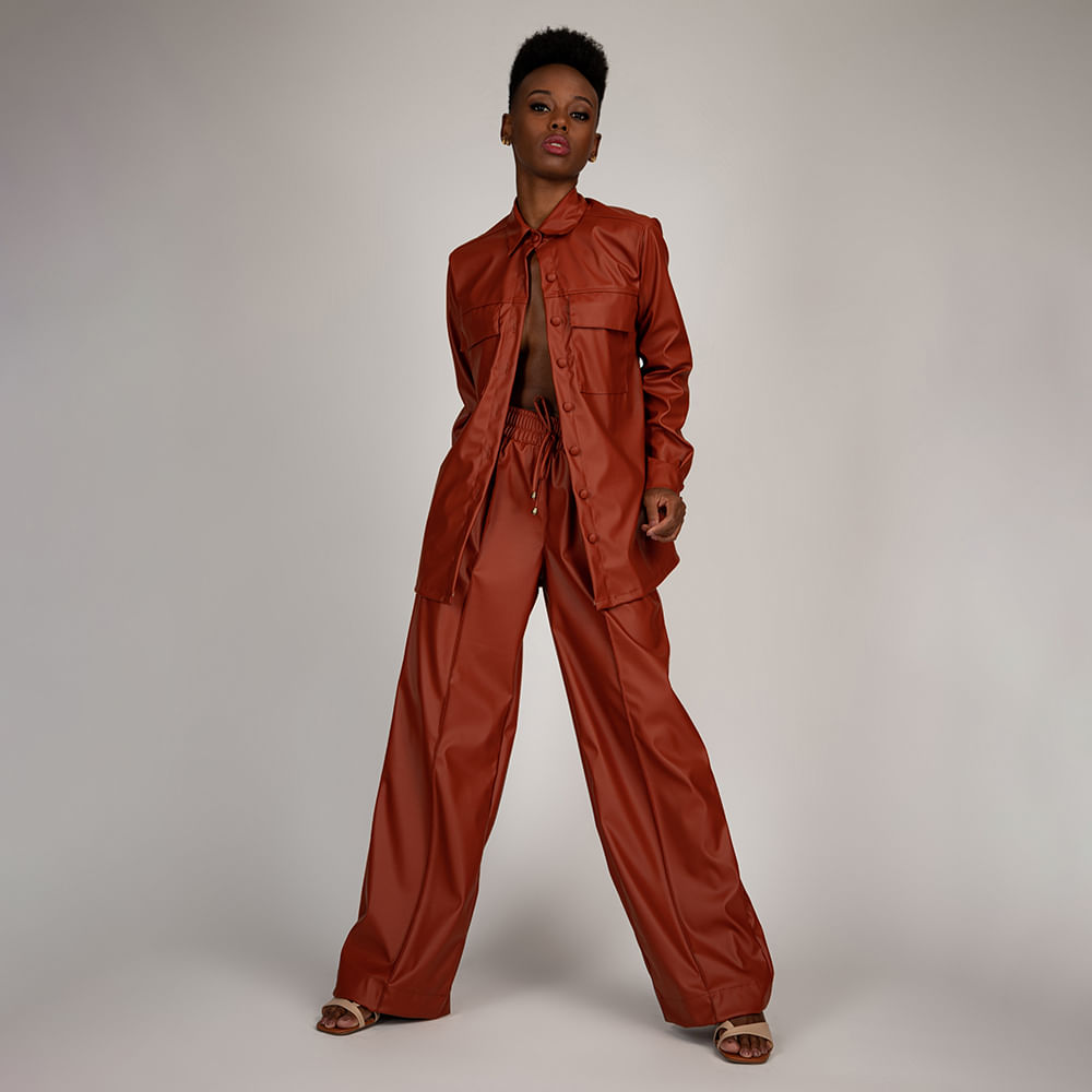 Calça Pantalona Cós Alto Cintura Elástico  Caramelo