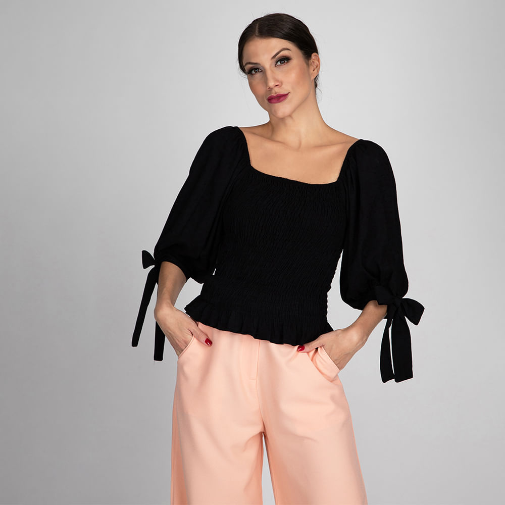 Blusa Croppped Ombro a Ombro Lastex Preto