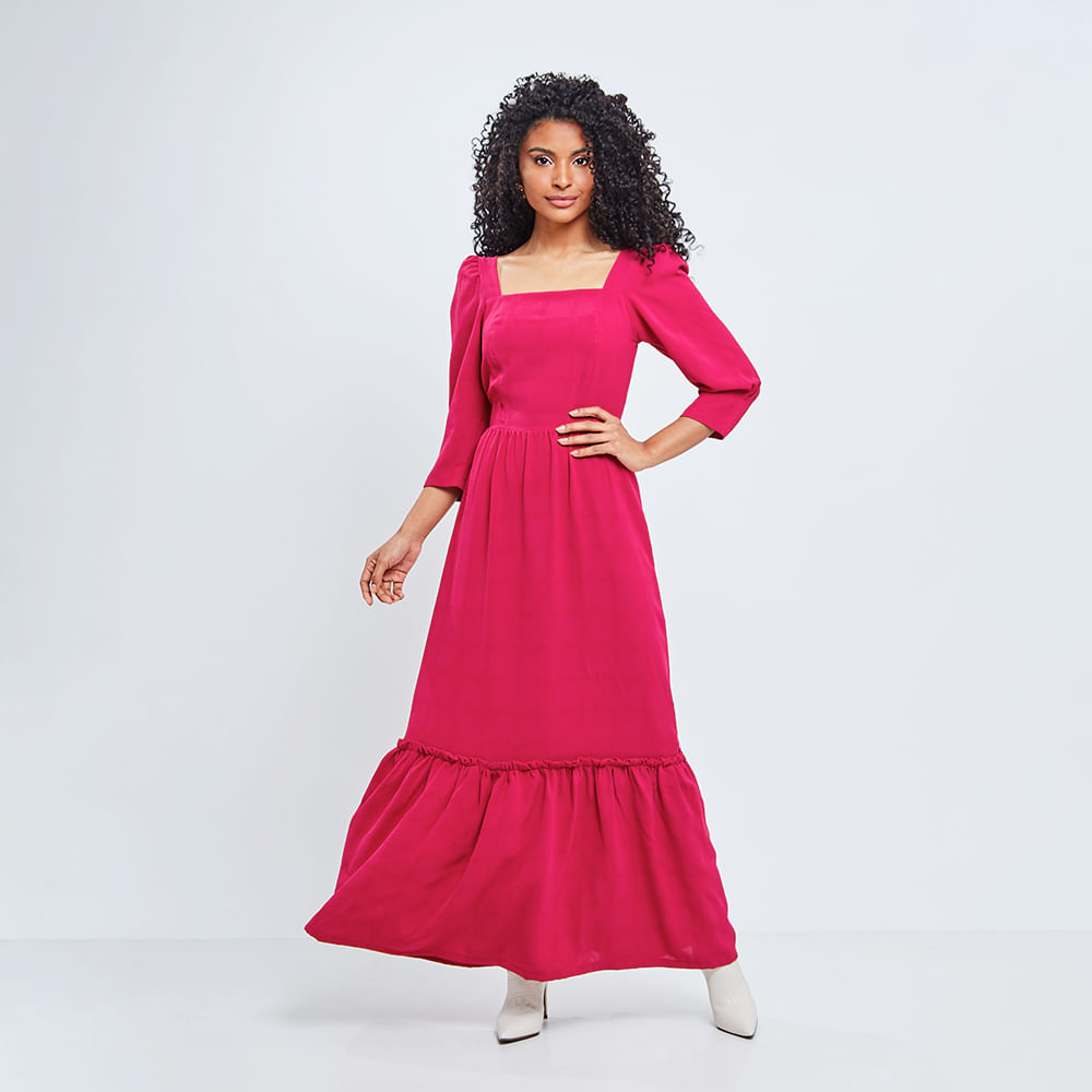 Vestido Longuete Decote Quadrado Manga Pink