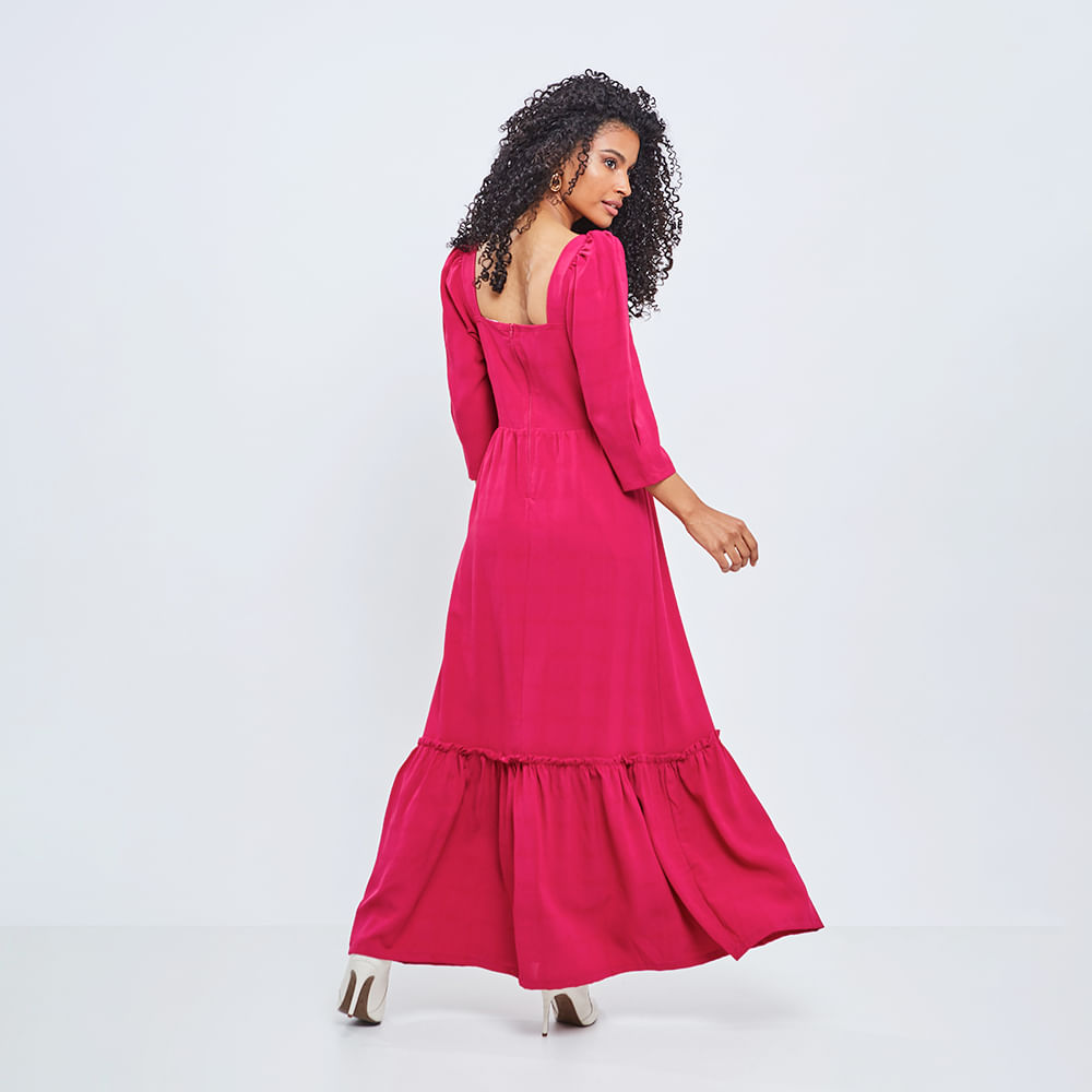 Vestido Longuete Decote Quadrado Manga Pink