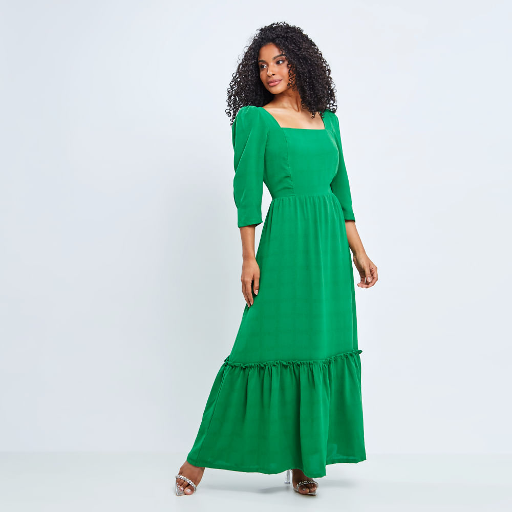 Vestido Longuete Decote Quadrado Manga Verde