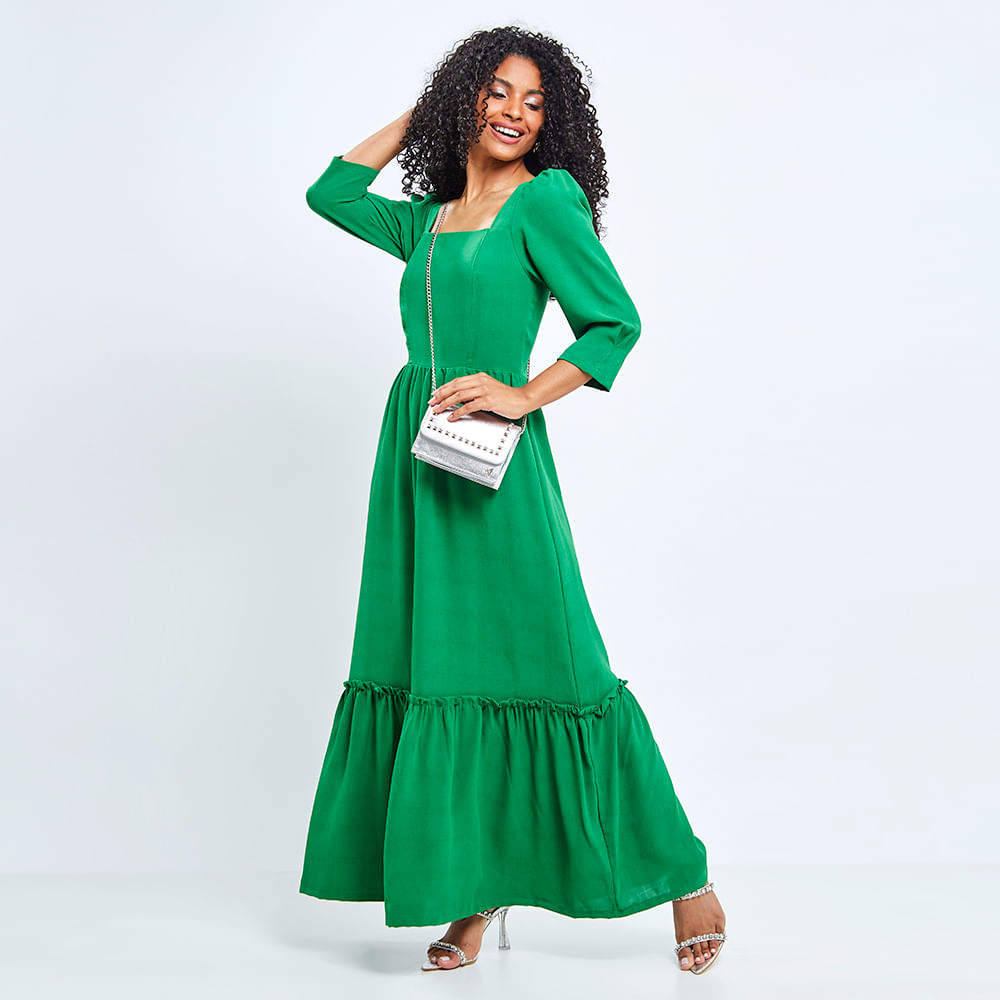 Vestido Longuete Decote Quadrado Manga Verde
