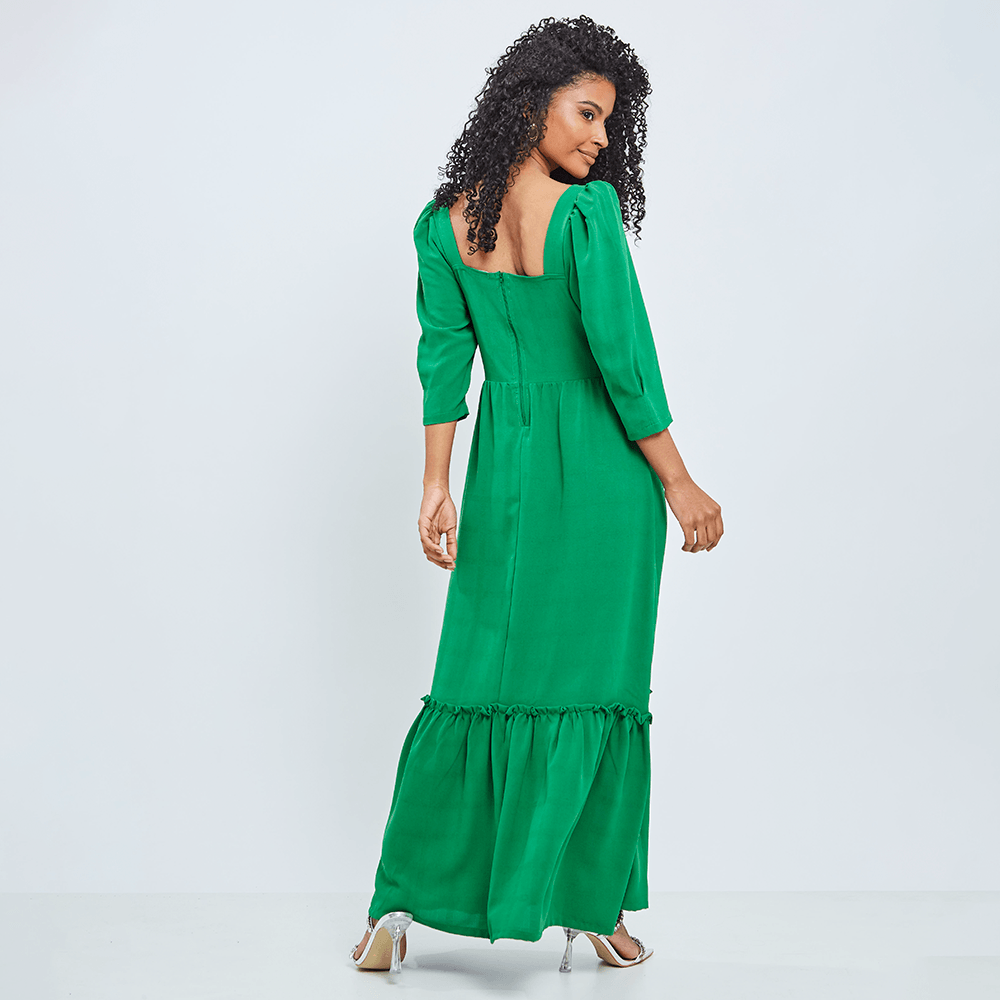 Vestido Longuete Decote Quadrado Manga Verde