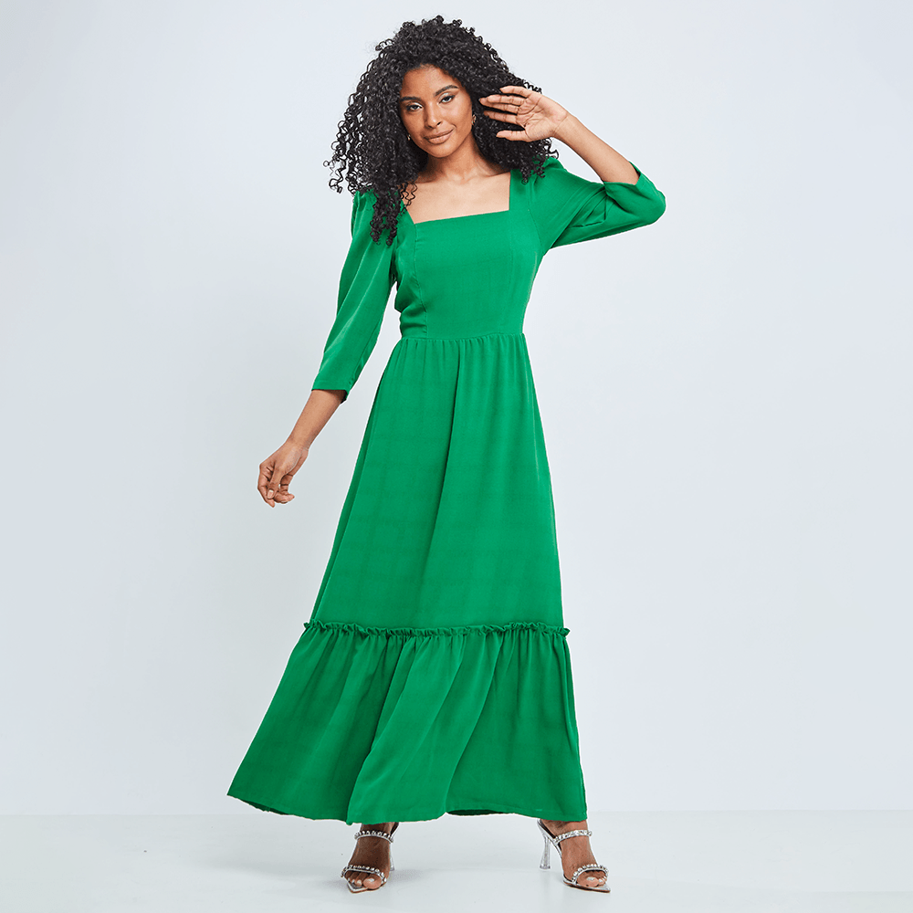 Vestido Longuete Decote Quadrado Manga Verde