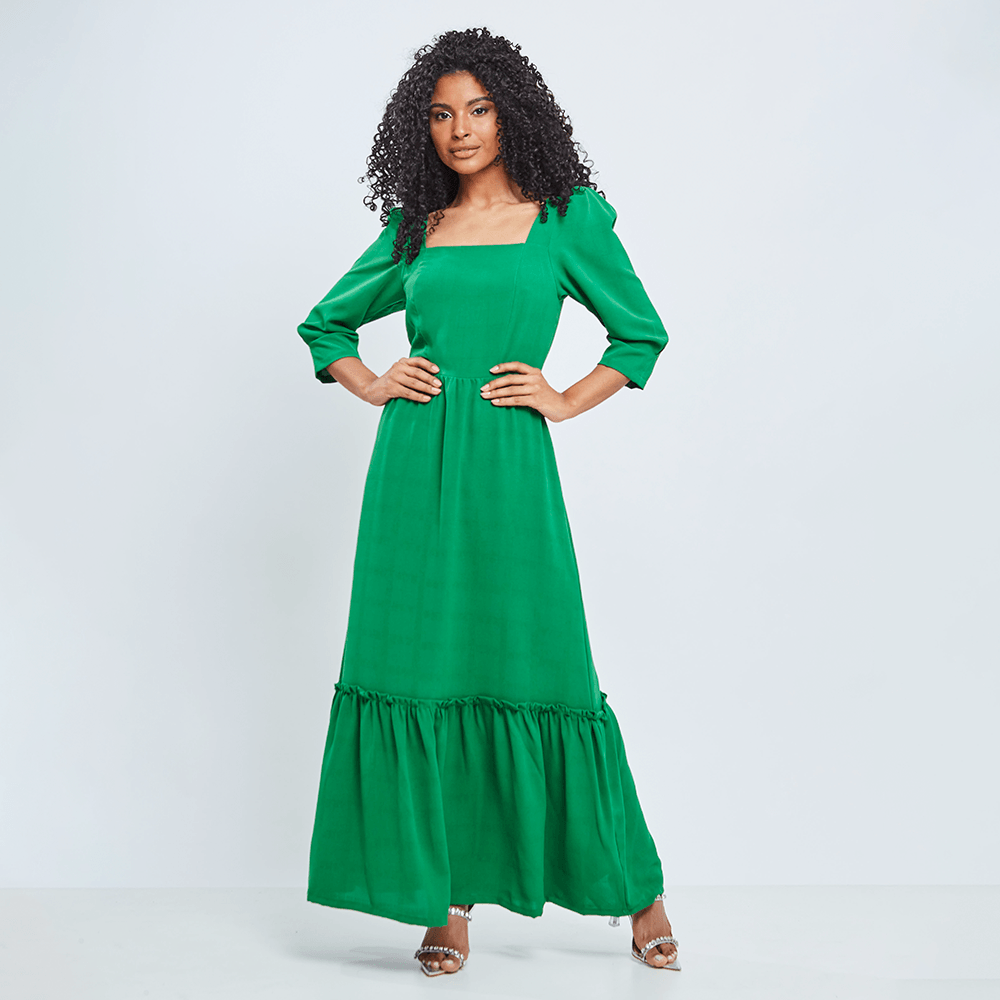 Vestido Longuete Decote Quadrado Manga Verde