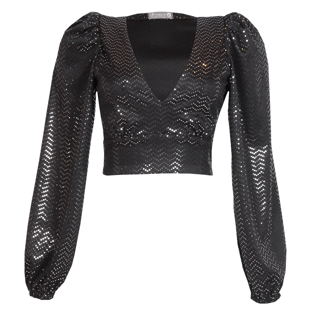 Cropped Manga Longa Brilho Preto