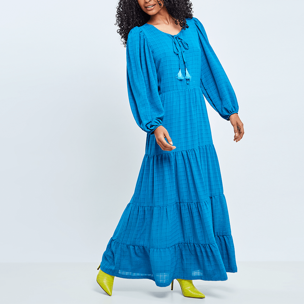 Vestido Longuete Amplo Manga  Azul