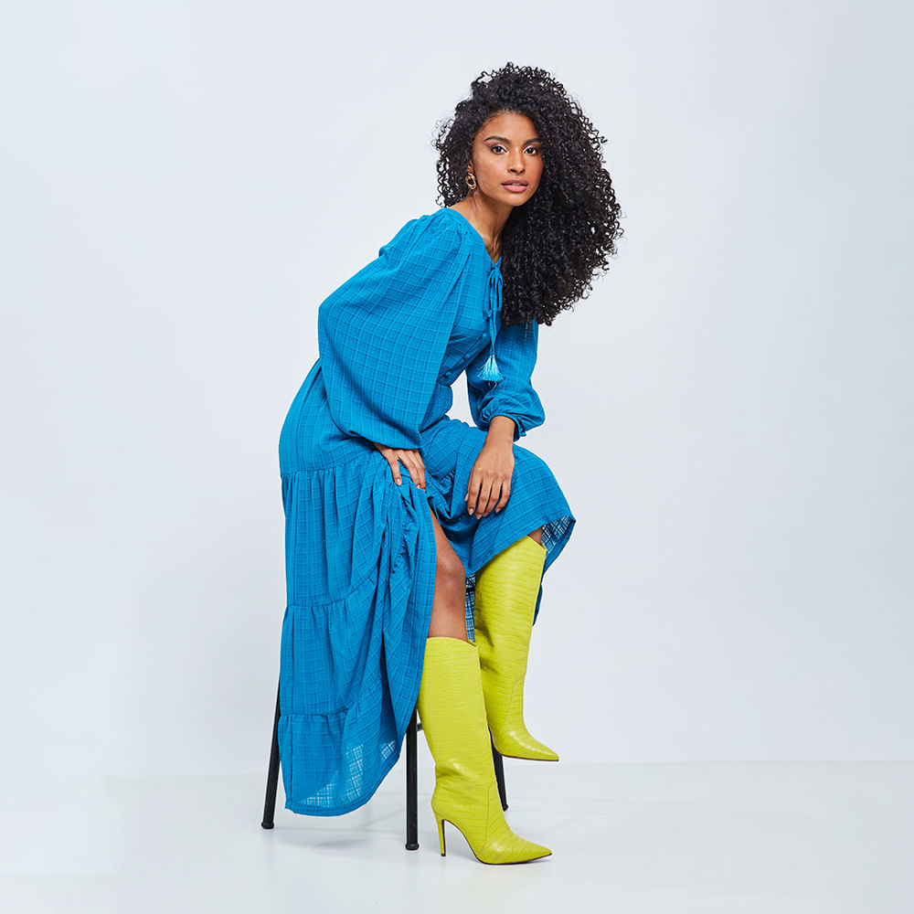 Vestido Longuete Amplo Manga  Azul