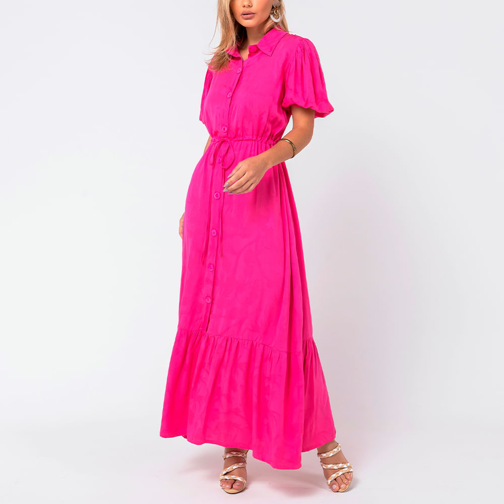 Vestido Longo Manga Bufante Pink