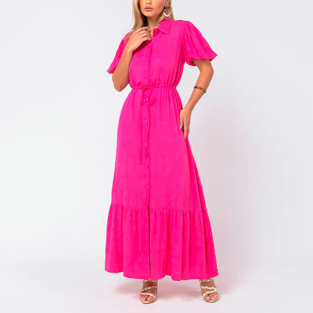 Vestido Longo Manga Bufante Pink