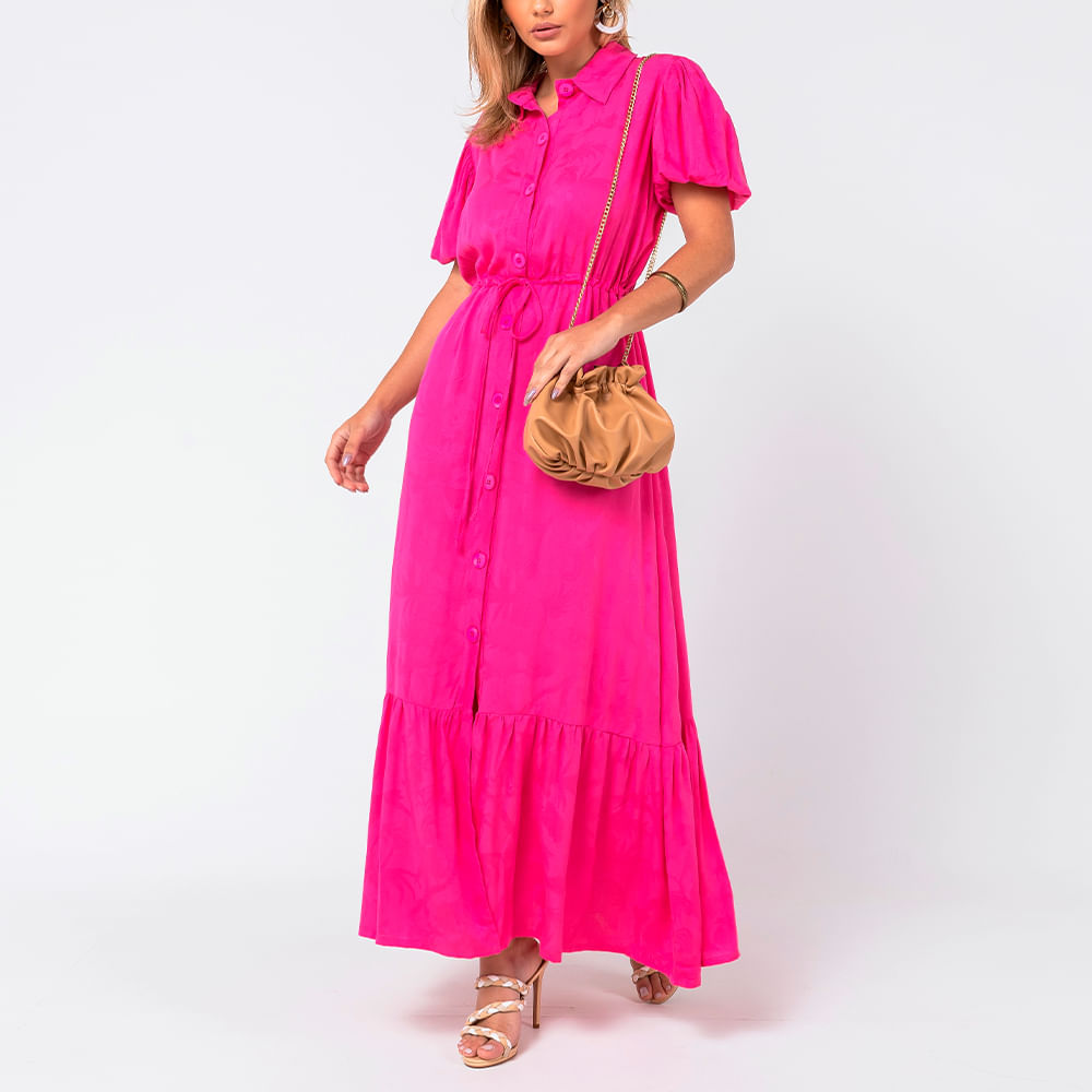 Vestido Longo Manga Bufante Pink