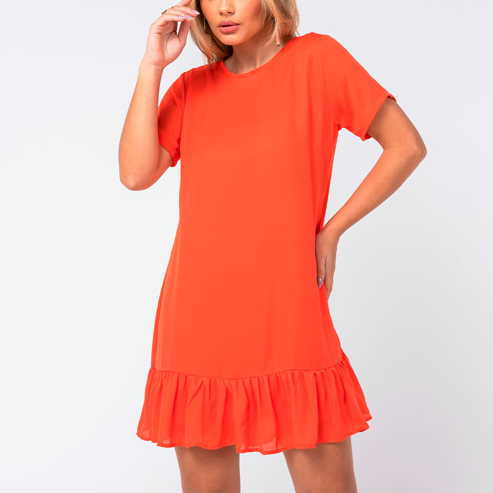 Vestido  Crepe com Babado Coral
