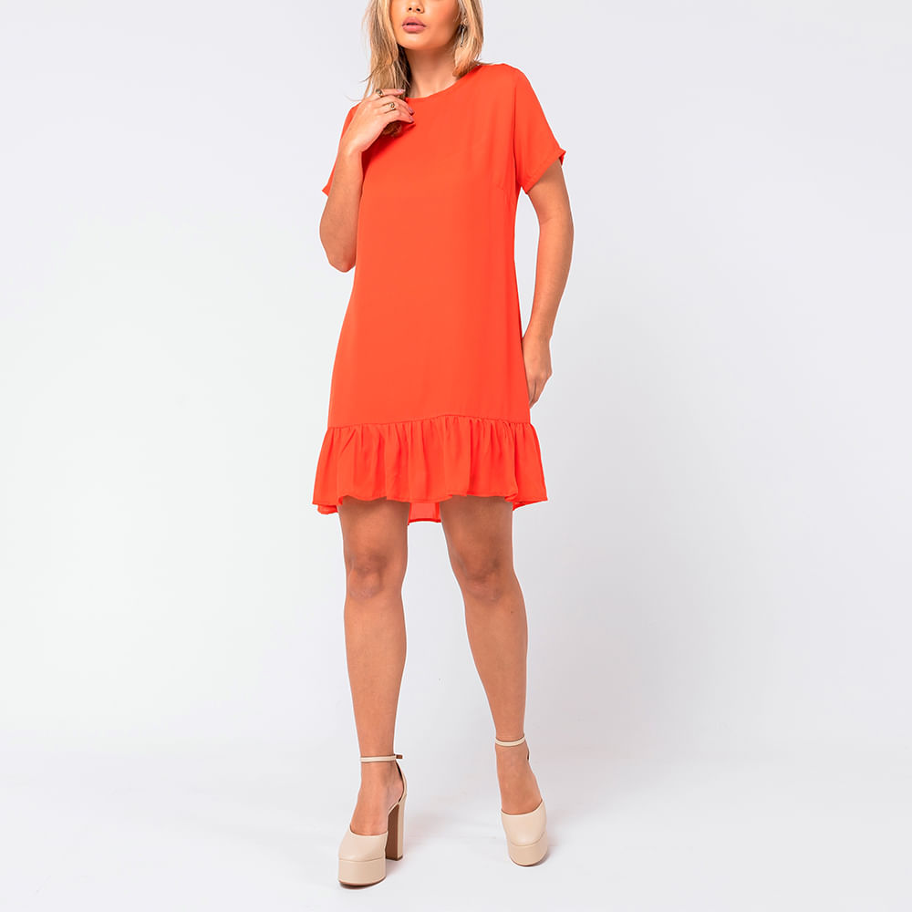 Vestido  Crepe com Babado Coral