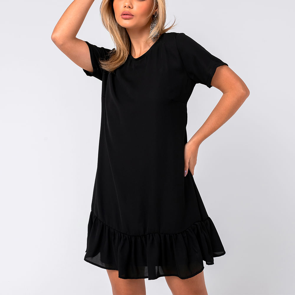 Vestido  Crepe com Babado  Preto