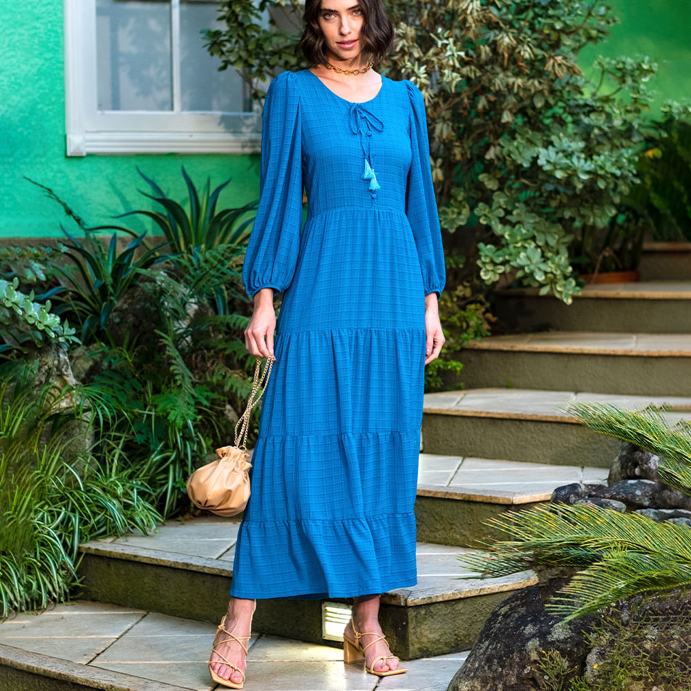 Vestido Longuete Amplo Manga  Azul