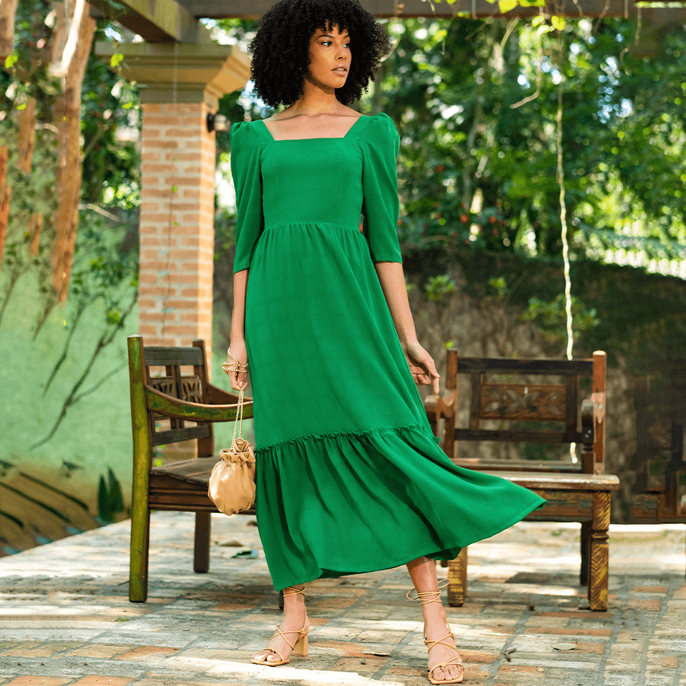 Vestido Longuete Decote Quadrado Manga Verde