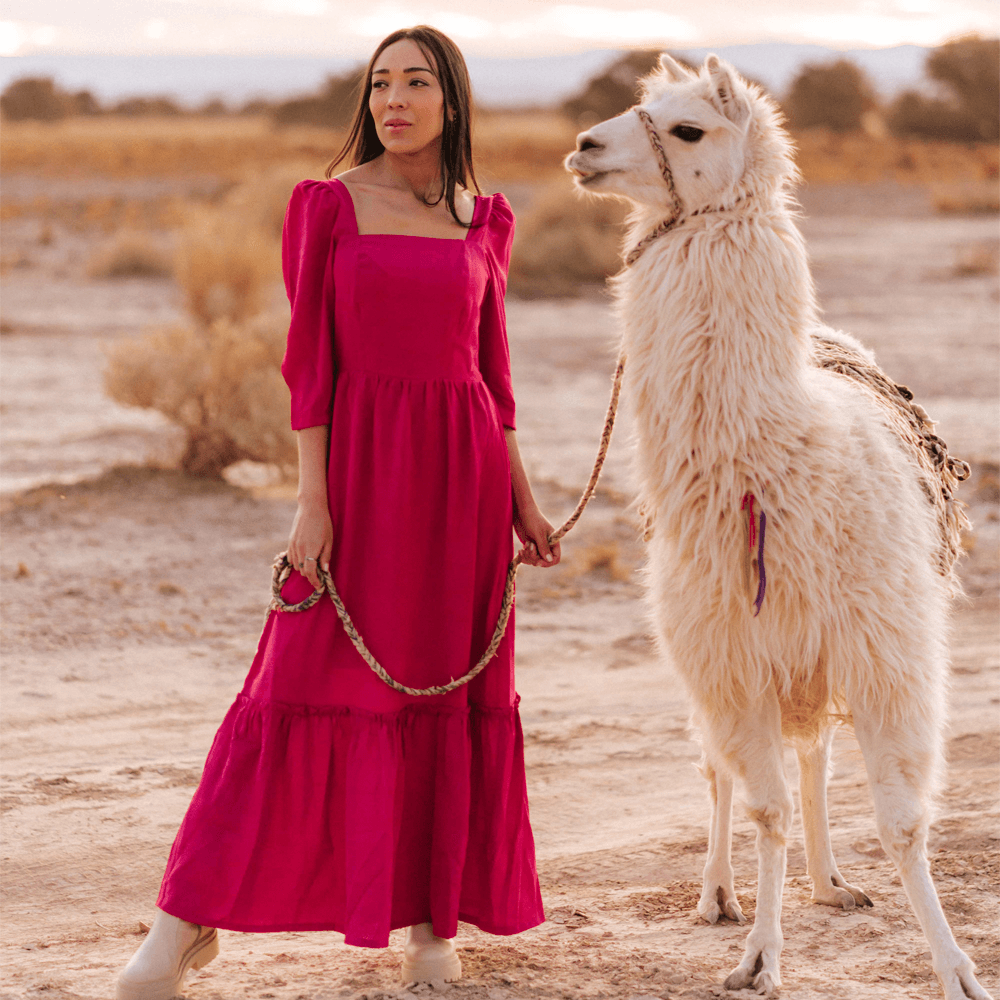 Vestido Longuete Decote Quadrado Manga Pink