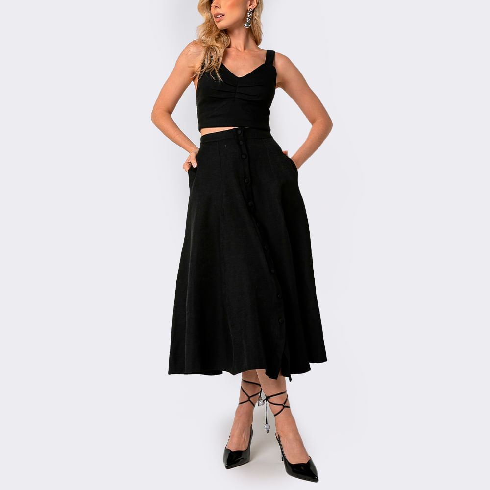 Saia Feminina Midi com Botões - Preto