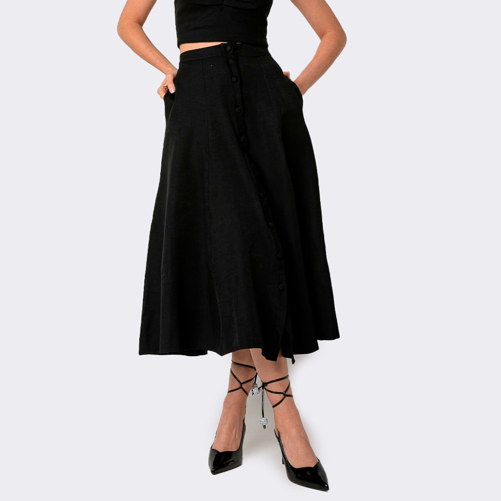 Saia Feminina Midi com Botões - Preto