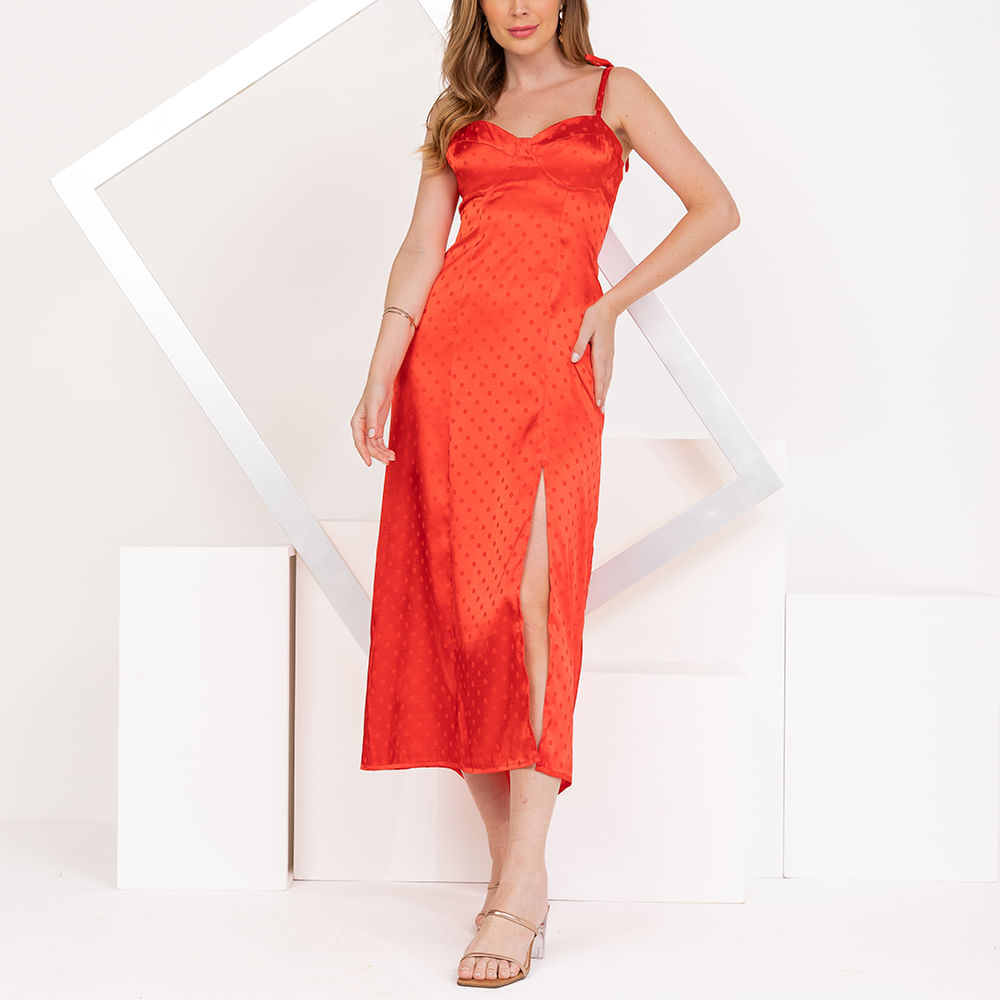 Vestido Cetim Alças Laço Vermelho